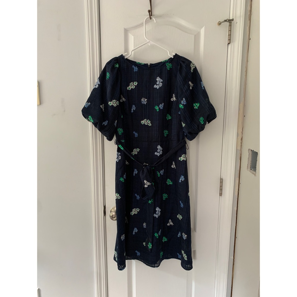 Ann Taylor Factory Navy Floral Puff Sleeve Belted Fit Flare Dress 6 Cottagecore